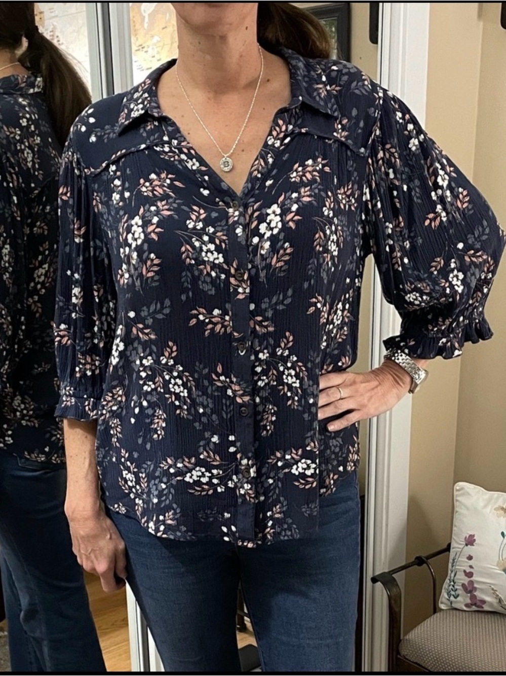 Democracy Navy Floral Button-Up Top with White and Pink Blooms XL